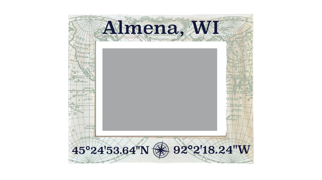 Almena Wisconsin Souvenir Wooden Photo Frame Compass Coordinates Design Matted to 4 x 6