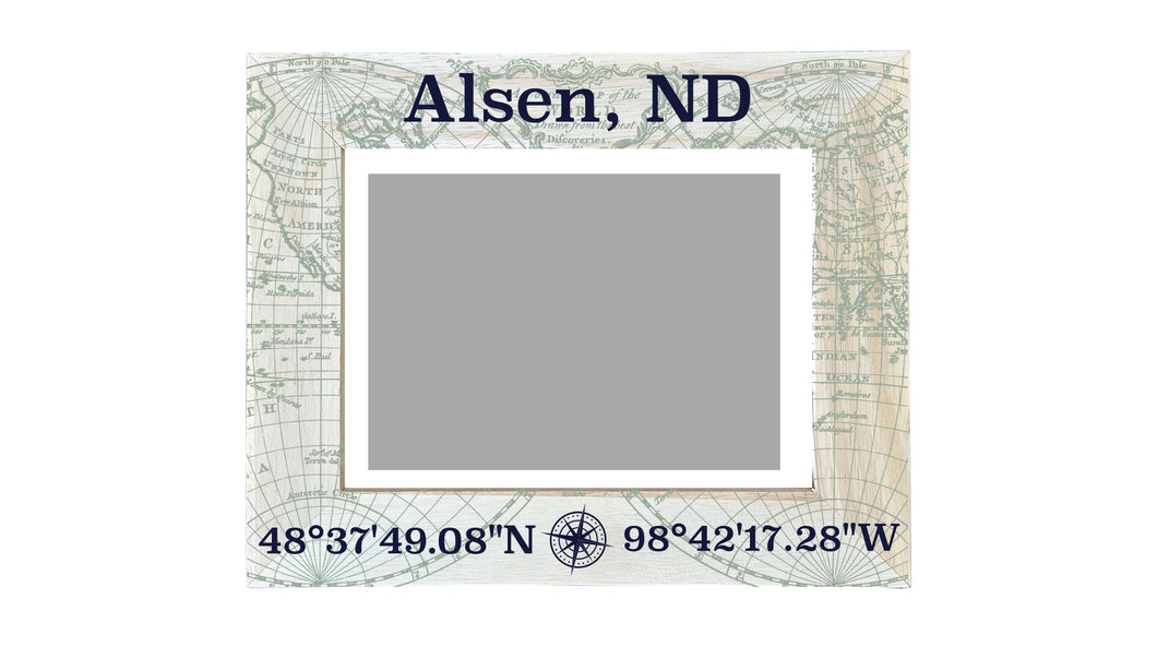 Alsen North Dakota Souvenir Wooden Photo Frame Compass Coordinates Design Matted to 4 x 6