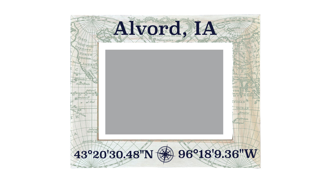 Alvord Iowa Souvenir Wooden Photo Frame Compass Coordinates Design Matted to 4 x 6