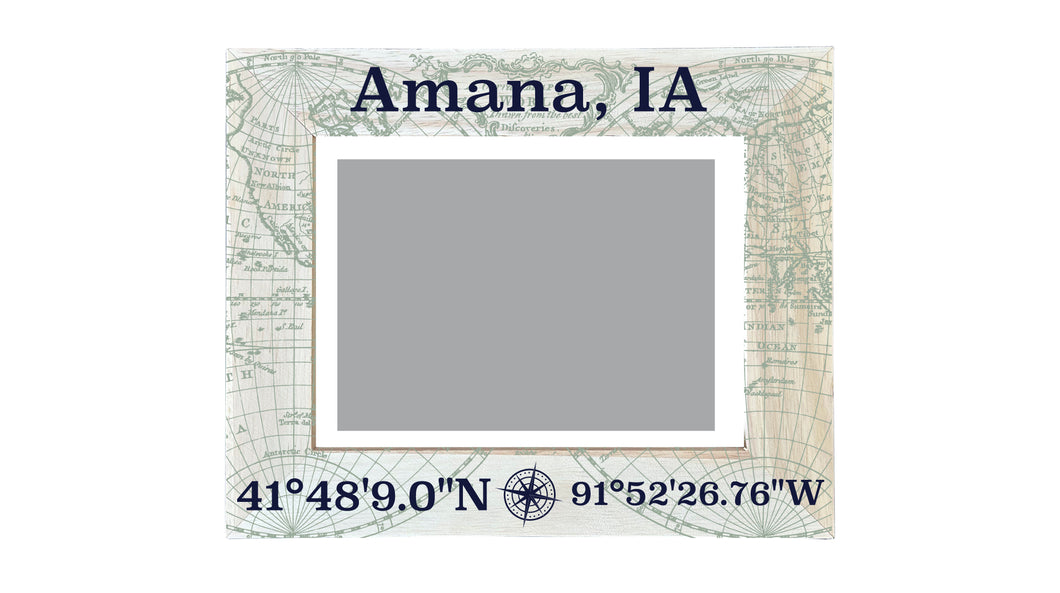 Amana Iowa Souvenir Wooden Photo Frame Compass Coordinates Design Matted to 4 x 6