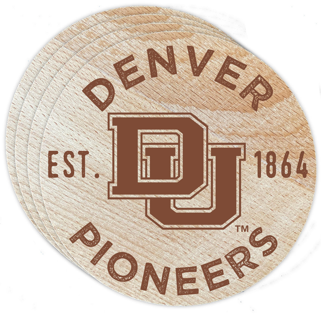 University of Denver Pioneers Officially Licensed Wood Coasters (4-Pack) - Laser Engraved, Never Fade Design