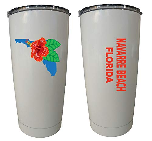 R and R Imports Navarre Beach Florida 20 oz Insulated Stainless Steel Tumbler Hibiscus Flower Design White.