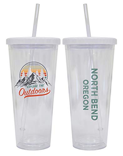North Bend Oregon Camping 24 oz Reusable Plastic Straw Tumbler w/Lid & Straw 2-Pack