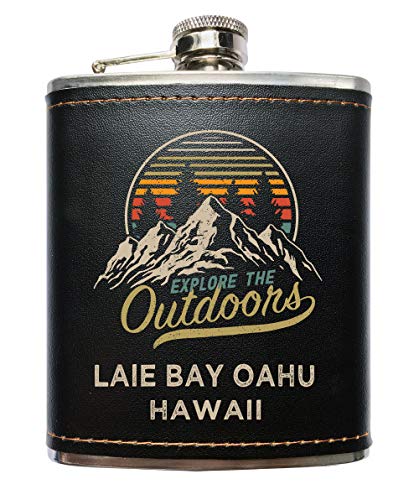 Laie Bay Oahu Hawaii Explore the Outdoors Souvenir Black Leather Wrapped Stainless Steel 7 oz Flask