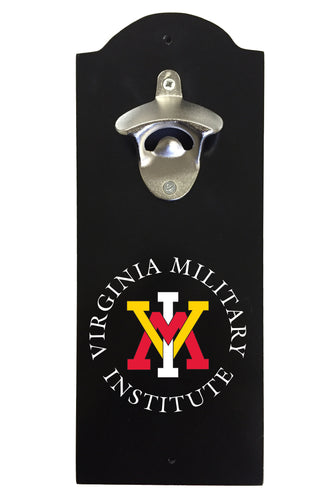 VMI Keydets Wall-Mounted Bottle Opener – Sturdy Metal with Decorative Wood Base for Home Bars, Rec Rooms & Fan Caves
