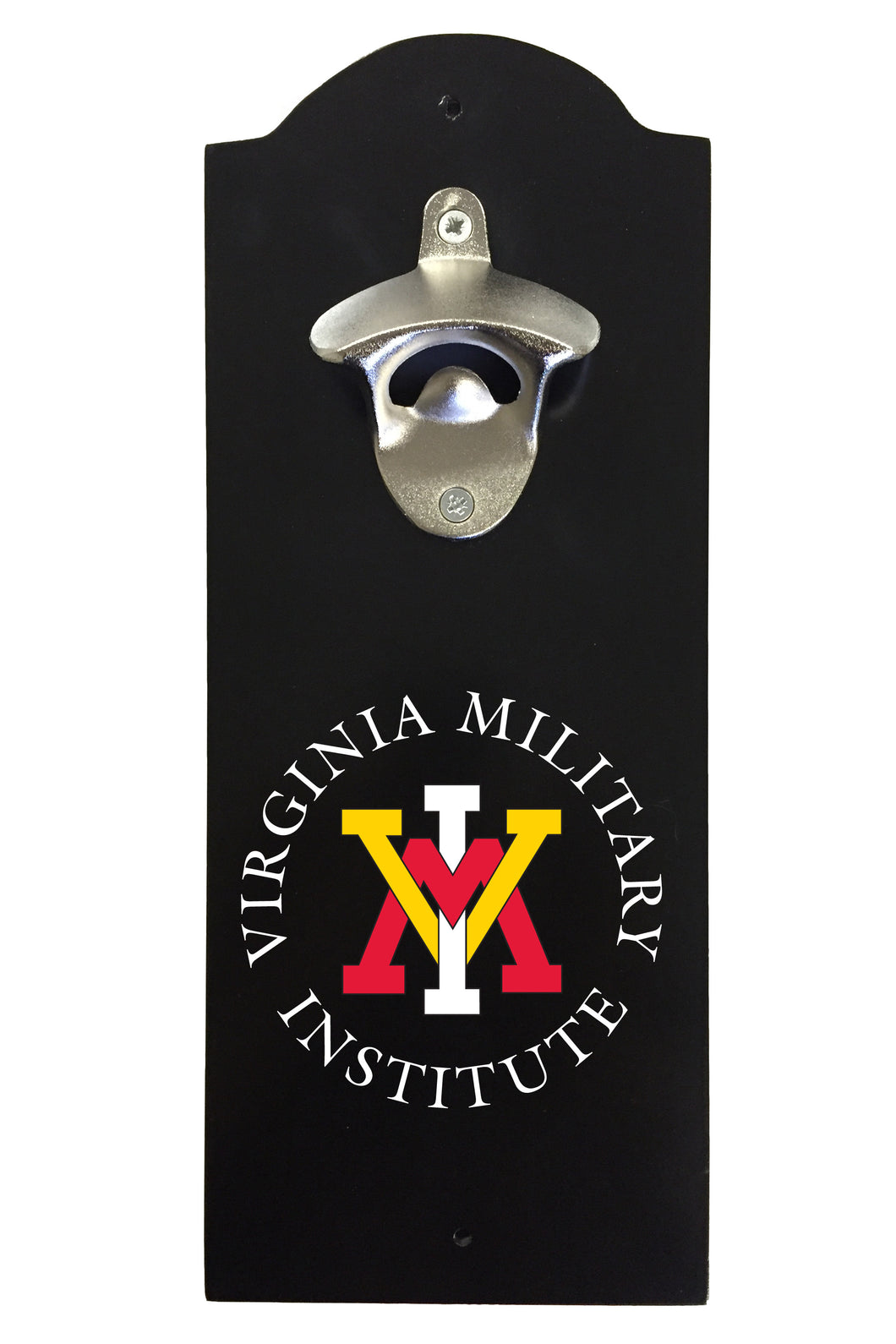 VMI Keydets Wall-Mounted Bottle Opener – Sturdy Metal with Decorative Wood Base for Home Bars, Rec Rooms & Fan Caves