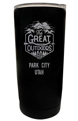 R and R Imports Park City Utah Etched 16 oz Stainless Steel Insulated Tumbler Outdoor Adventure Design Black.