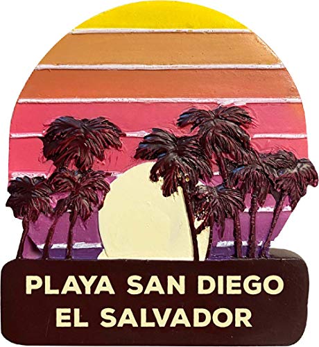 Playa San Diego El Salvador Trendy Souvenir Hand Painted Resin Refrigerator Magnet Sunset and Palm Trees Design 3-Inch Approximately