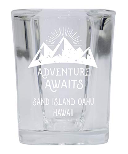 Sand Island Oahu Hawaii Souvenir Laser Engraved 2 Ounce Square Base Liquor Shot Glass 4-Pack Adventure Awaits Design