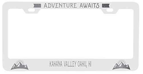 R and R Imports Kahana Valley Oahu Hawaii Laser Engraved Metal License Plate Frame Adventures Awaits Design