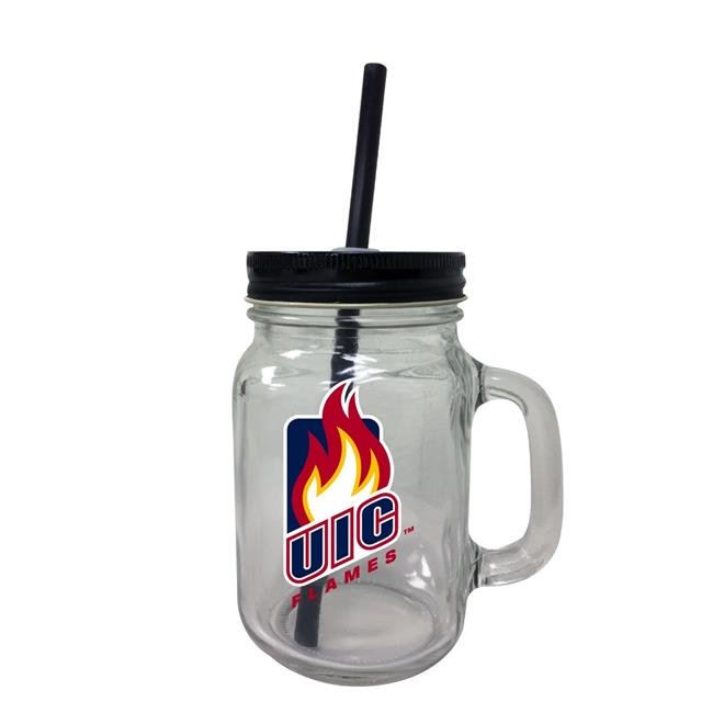 University of Illinois at Chicago NCAA Iconic Mason Jar Glass - Officially Licensed Collegiate Drinkware with Lid and Straw 