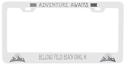 R and R Imports Bellows Field Beach Oahu Hawaii Laser Engraved Metal License Plate Frame Adventures Awaits Design