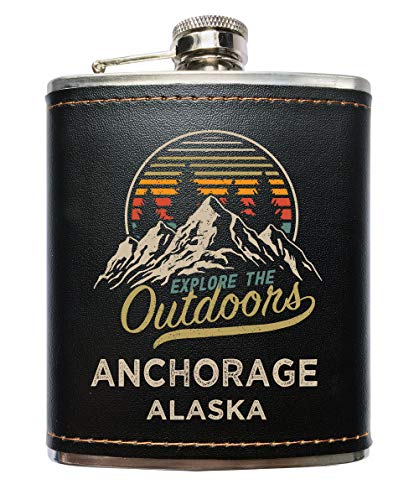 Anchorage Alaska Explore the Outdoors Souvenir Black Leather Wrapped Stainless Steel 7 oz Flask