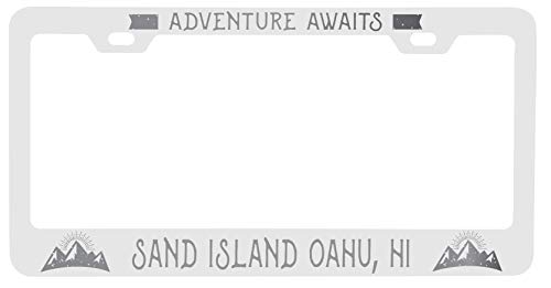 R and R Imports Sand Island Oahu Hawaii Laser Engraved Metal License Plate Frame Adventures Awaits Design