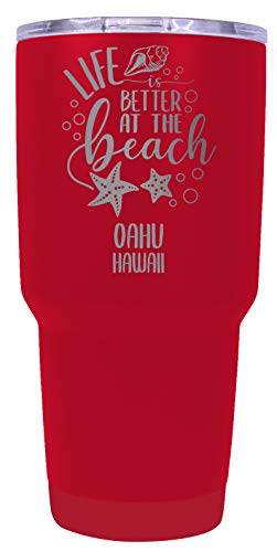 Oahu Hawaii Souvenir Laser Engraved 24 Oz Insulated Stainless Steel Tumbler Red.