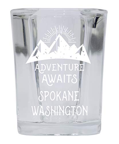 Spokane Washington Souvenir Laser Engraved 2 Ounce Square Base Liquor Shot Glass Adventure Awaits Design