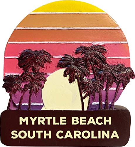 Myrtle Beach South Carolina Trendy Souvenir Hand Painted Resin Refrigerator Magnet Sunset and Palm Trees Design 3-Inch Approximately