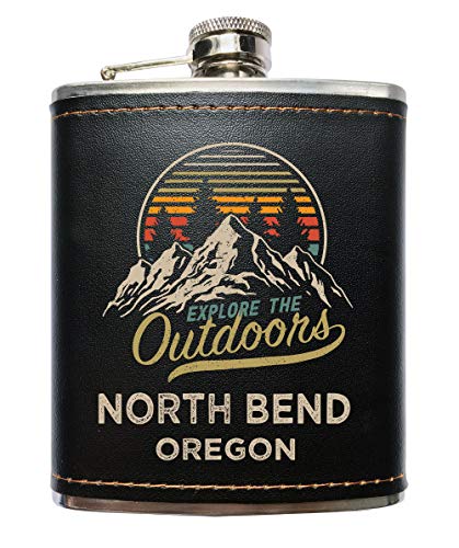 North Bend Oregon Explore the Outdoors Souvenir Black Leather Wrapped Stainless Steel 7 oz Flask