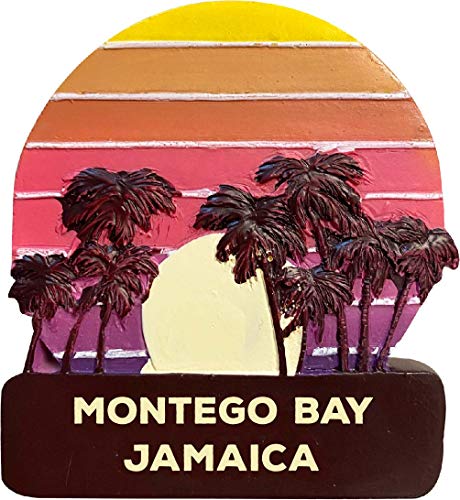 Montego Bay Jamaica Trendy Souvenir Hand Painted Resin Refrigerator Magnet Sunset and Palm Trees Design 3-Inch Approximately