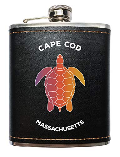Cape Cod Massachusetts Souvenir Black Leather Wrapped Stainless Steel 7 oz Flask