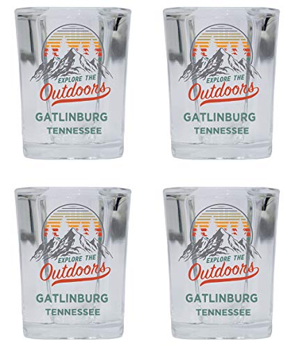Gatlinburg Tennessee Explore the Outdoors Souvenir 2 Ounce Square Base Liquor Shot Glass 4-Pack
