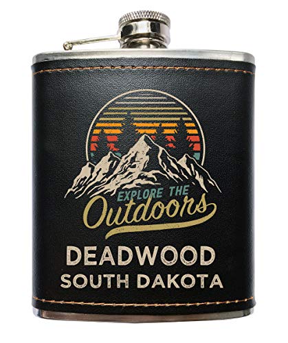 Deadwood South Dakota Explore the Outdoors Souvenir Black Leather Wrapped Stainless Steel 7 oz Flask