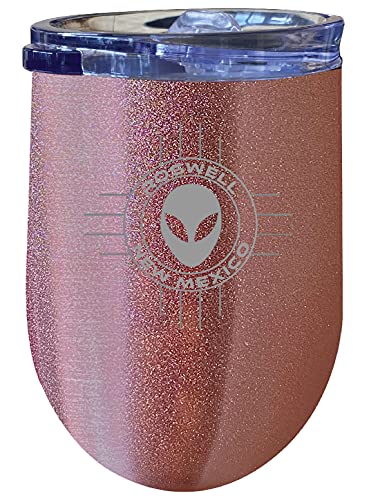 Roswell New Mexico UFO Alien I Believe Souvenir 12 oz Engraved Laser Etched Insulated Wine Stainless Steel Tumbler Rose Gold