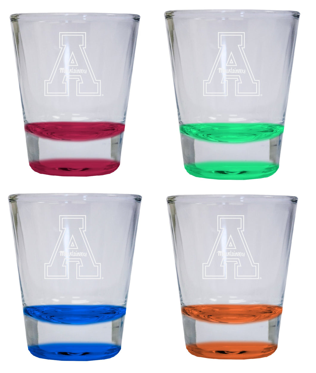 NCAA Appalachian State Collector's 2oz Laser-Engraved Spirit Shot Glass Red, Orange, Blue and Green 4-Pack