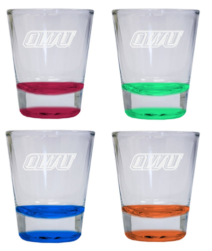 NCAA Ohio Wesleyan University Collector's 2oz Laser-Engraved Spirit Shot Glass Red, Orange, Blue and Green 4-Pack