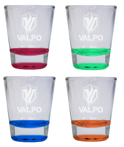 NCAA Valparaiso University Collector's 2oz Laser-Engraved Spirit Shot Glass Red, Orange, Blue and Green 4-Pack