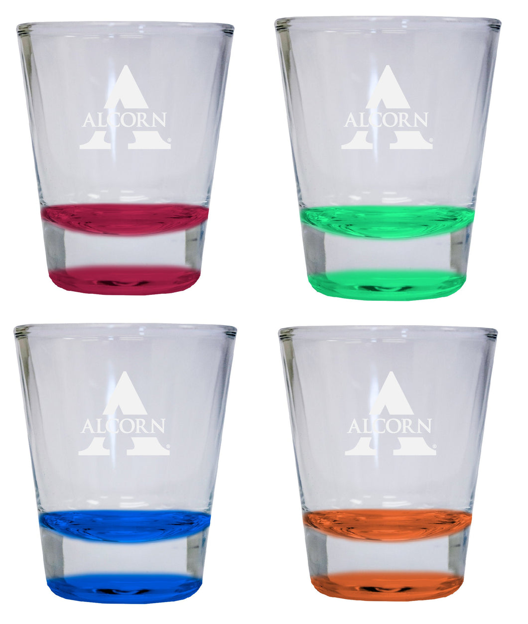 NCAA Alcorn State Braves Collector's 2oz Laser-Engraved Spirit Shot Glass Red, Orange, Blue and Green 4-Pack