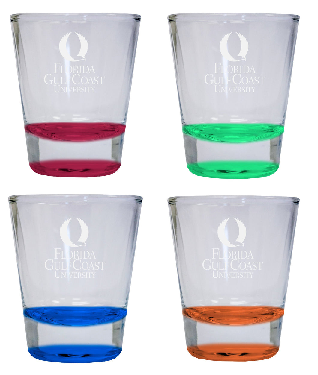 NCAA Florida Gulf Coast Eagles Collector's 2oz Laser-Engraved Spirit Shot Glass Red, Orange, Blue and Green 4-Pack