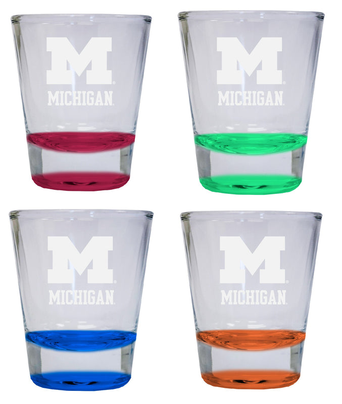 NCAA Michigan Wolverines Collector's 2oz Laser-Engraved Spirit Shot Glass Red, Orange, Blue and Green 4-Pack