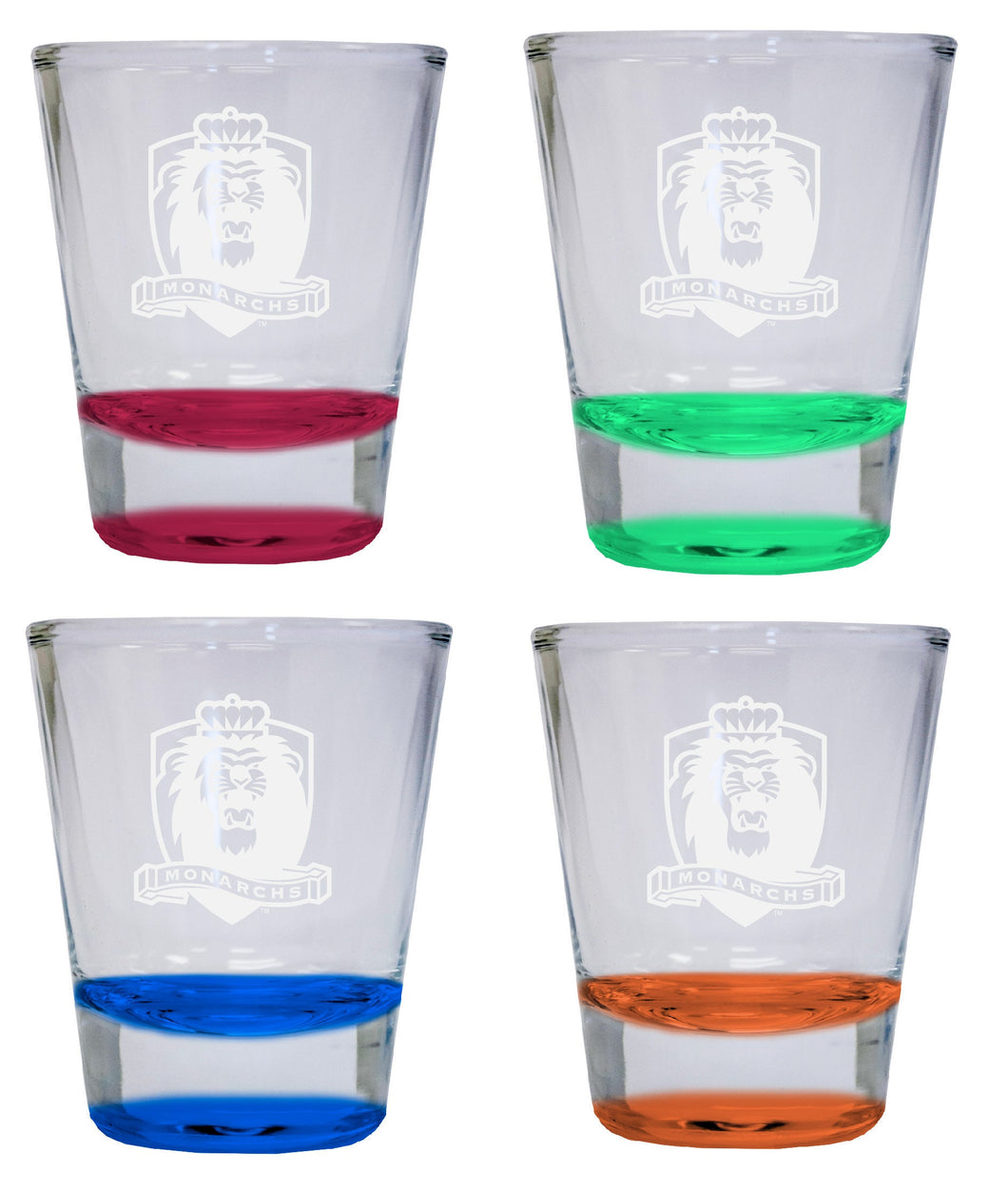 NCAA Old Dominion Monarchs Collector's 2oz Laser-Engraved Spirit Shot Glass Red, Orange, Blue and Green 4-Pack