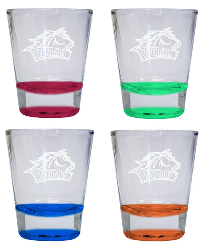 NCAA Western New Mexico University Collector's 2oz Laser-Engraved Spirit Shot Glass Red, Orange, Blue and Green 4-Pack
