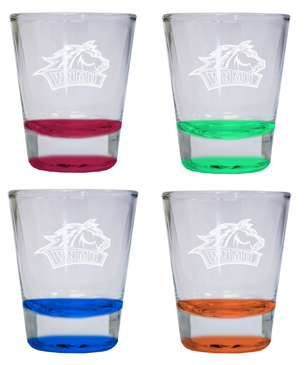NCAA Western New Mexico University Collector's 2oz Laser-Engraved Spirit Shot Glass Red, Orange, Blue and Green 4-Pack